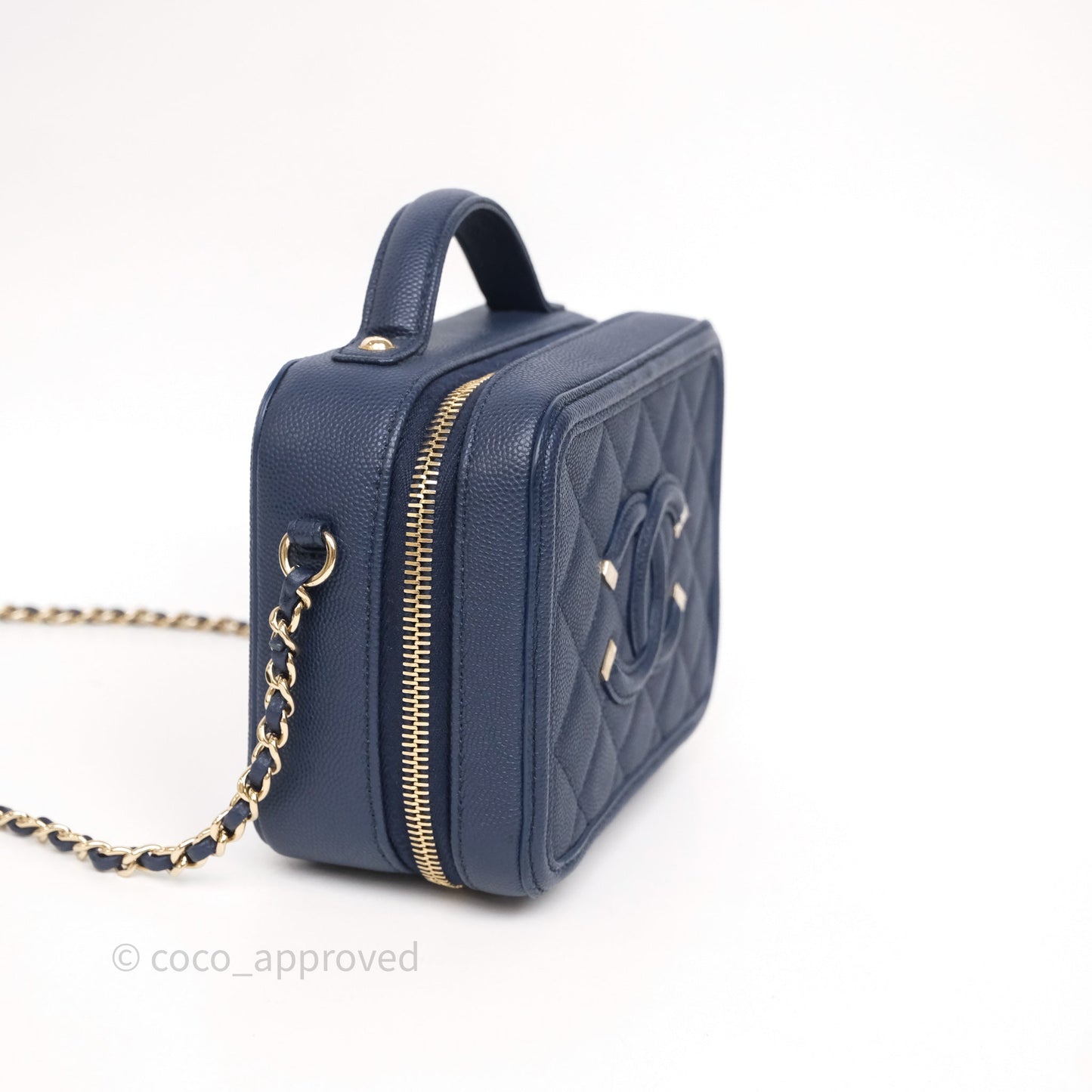 Chanel Quilted Small CC Filigree Vanity Case Navy Caviar Gold Hardware