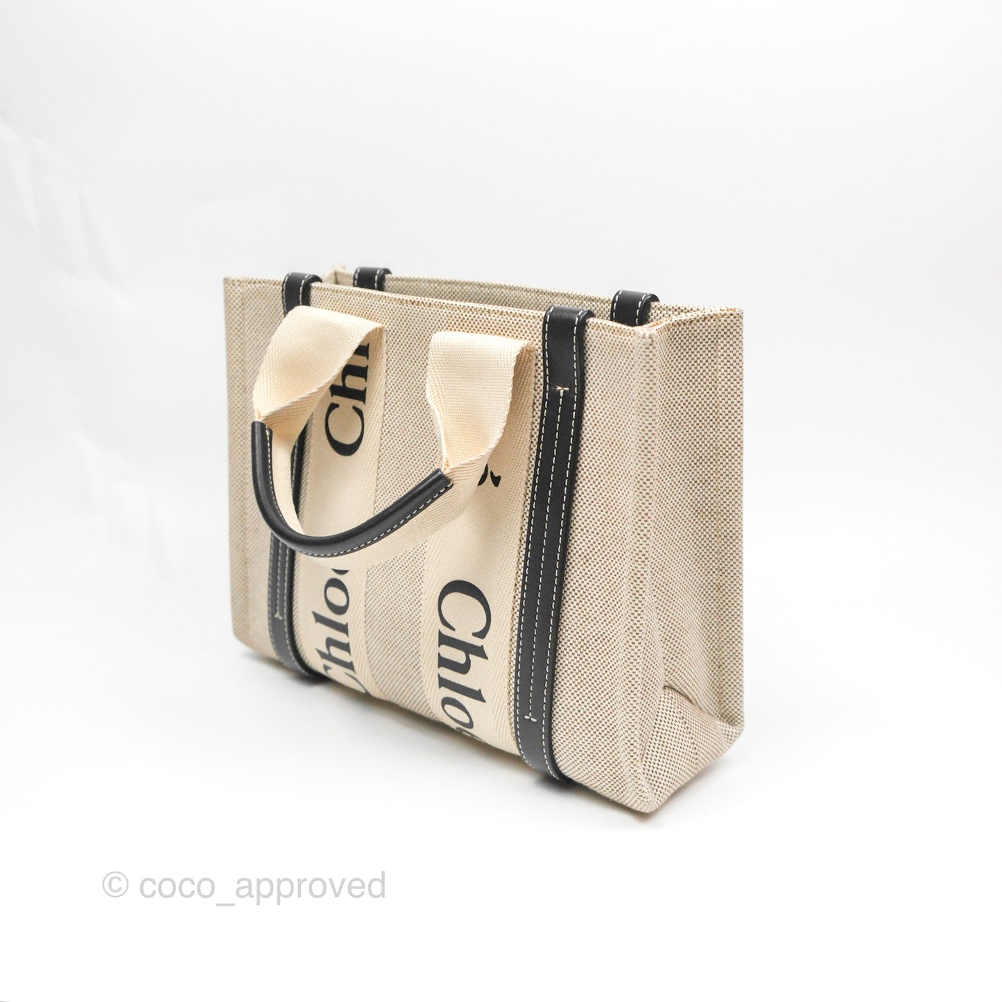 Chloe Small Woody Tote Bag Cotton Canvas & Black Calfskin with Woody Ribbon