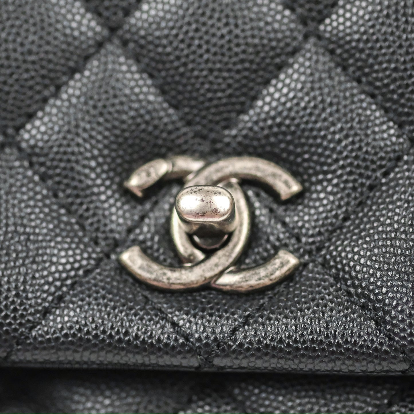 Chanel Small Coco Handle Quilted Black Caviar Ruthenium Hardware Olive Lizard Handle
