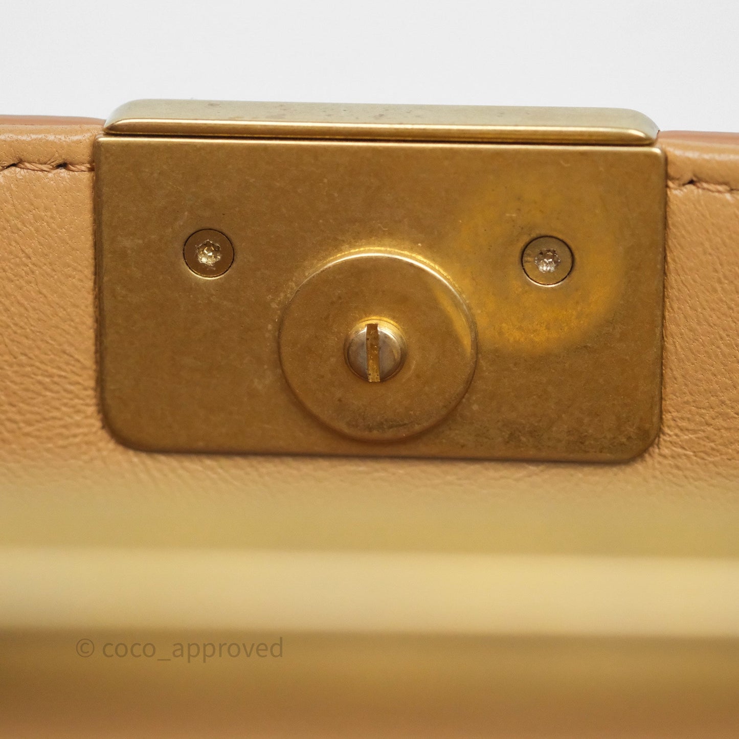 Chanel Small Coco Luxe Flap Bag Caramel Beige Calfskin Aged Gold Hardware