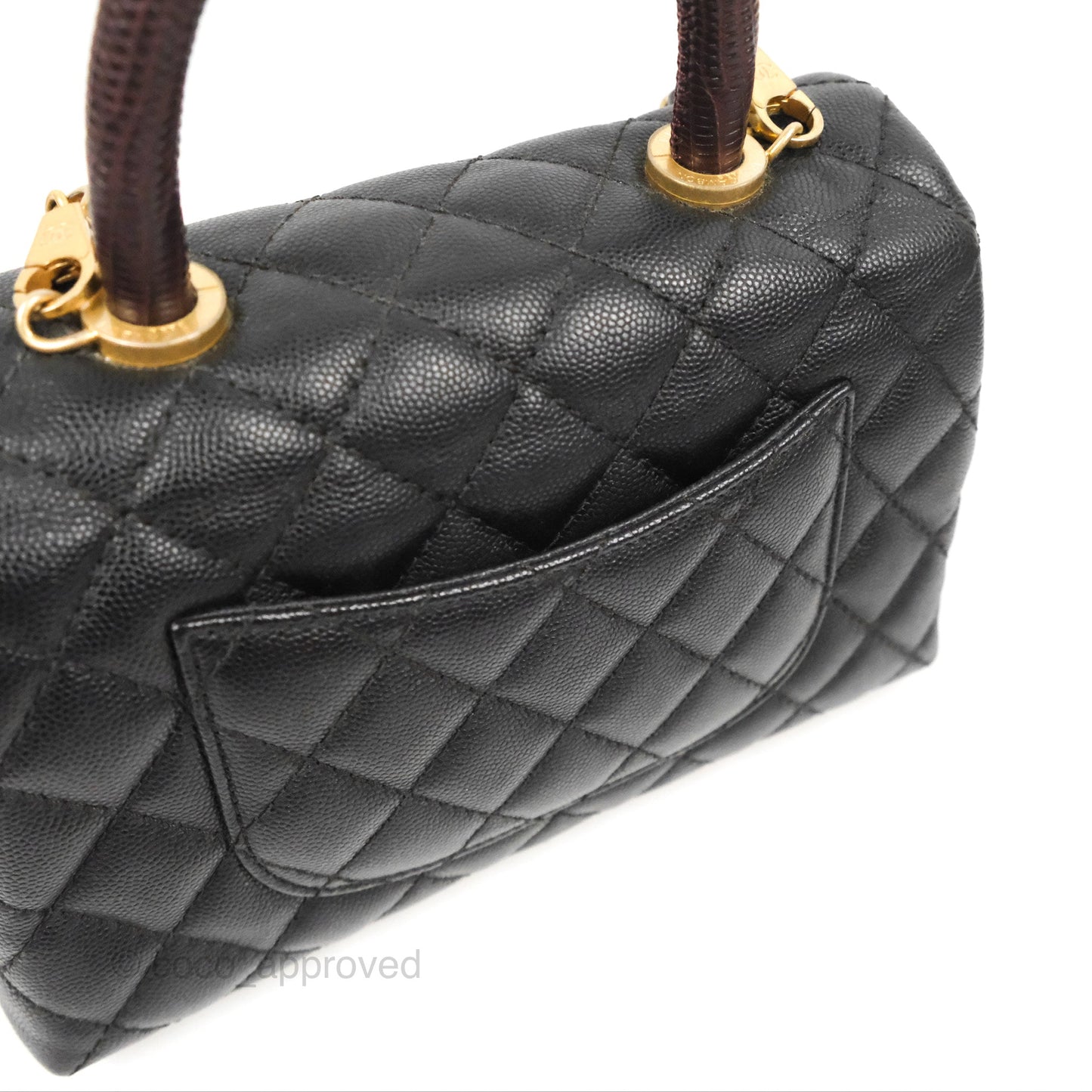 Chanel Small Coco Handle Quilted Black Caviar Aged Gold Hardware Lizard Handle