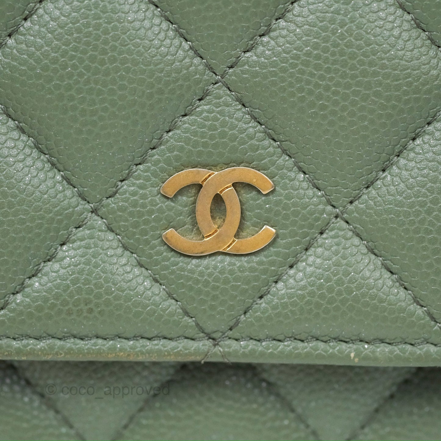 Chanel Classic Quilted Wallet On Chain WOC Glitter Dark Tiffany Green Caviar Aged Gold Hardware