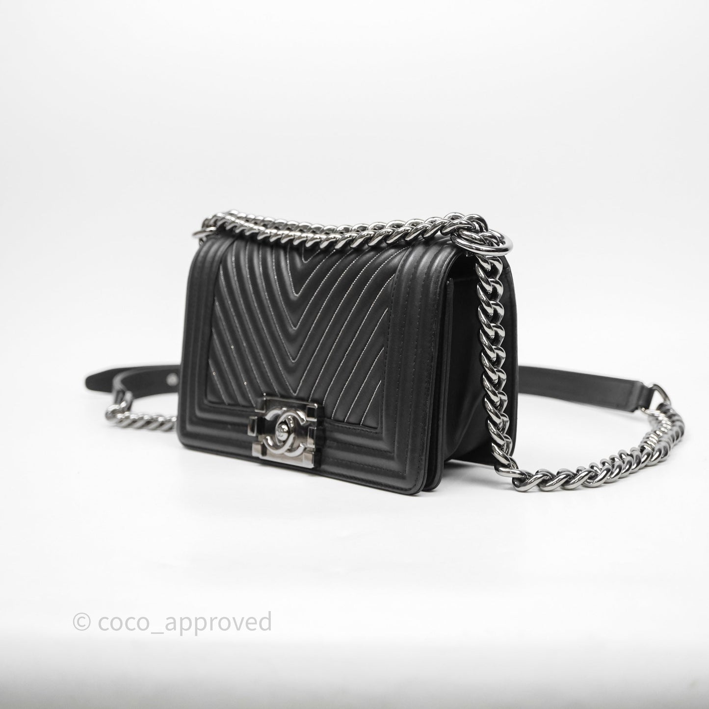 Chanel Small Boy Beaded Chevron Black Lambskin Silver Hardware