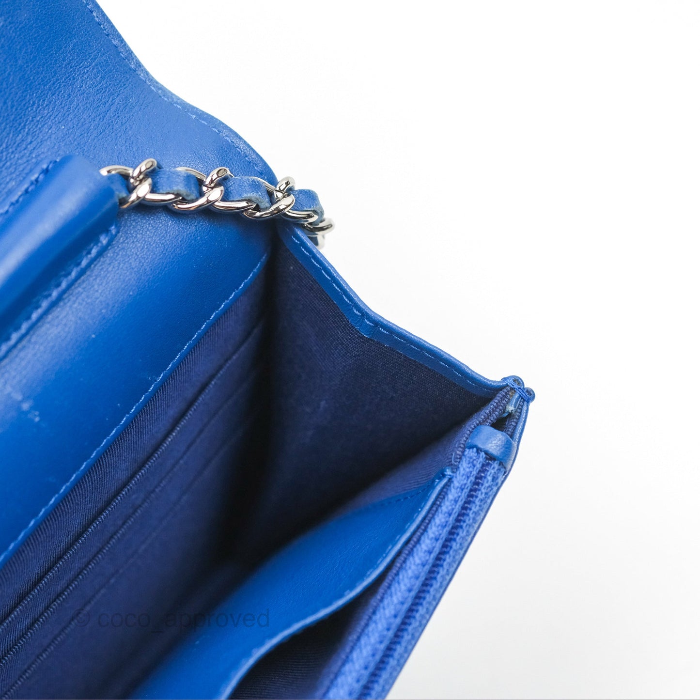 Chanel Quilted Classic Wallet on Chain WOC Blue Patent Silver Hardware