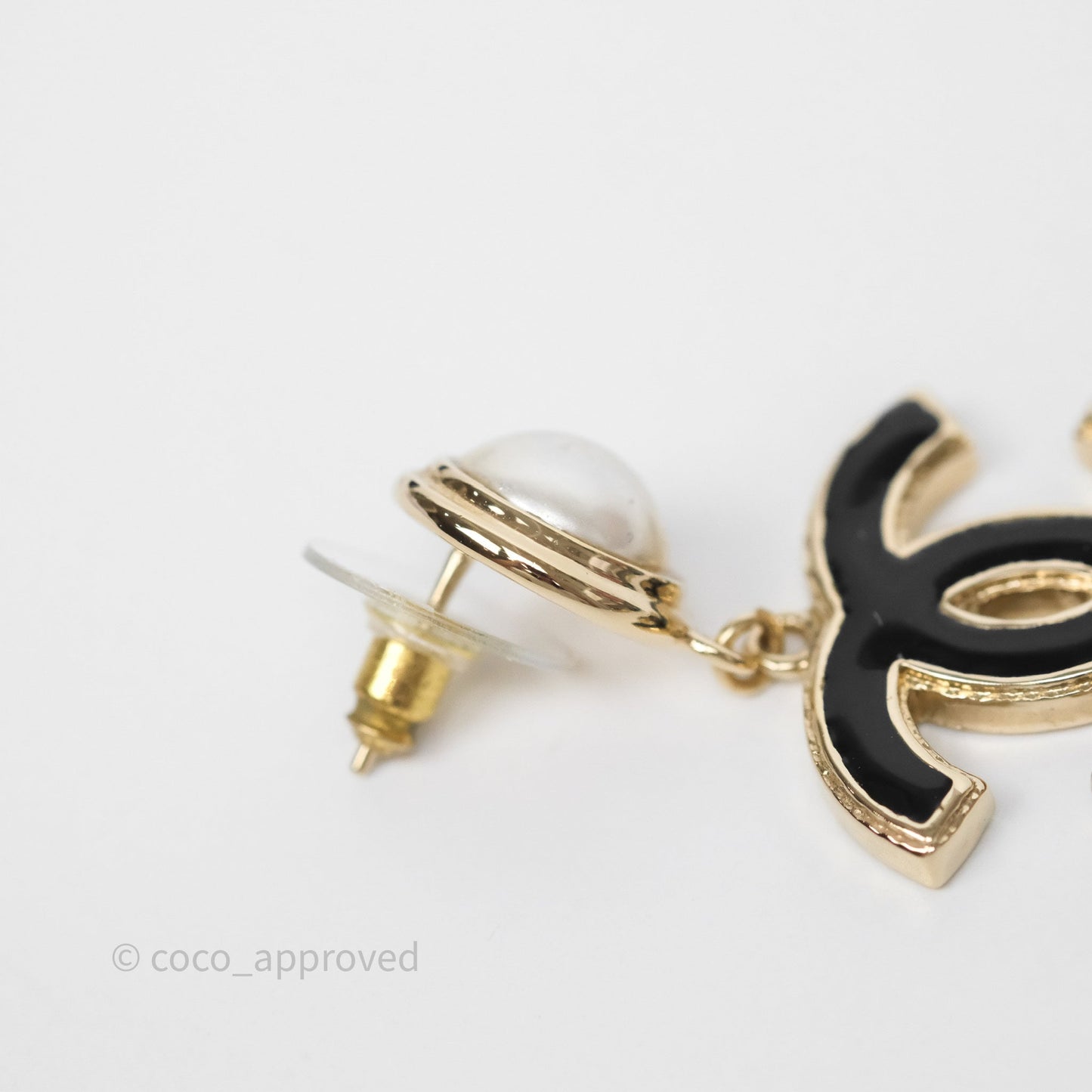 Chanel Round Pearl CC Black Resin Drop Earrings Gold Tone 22A