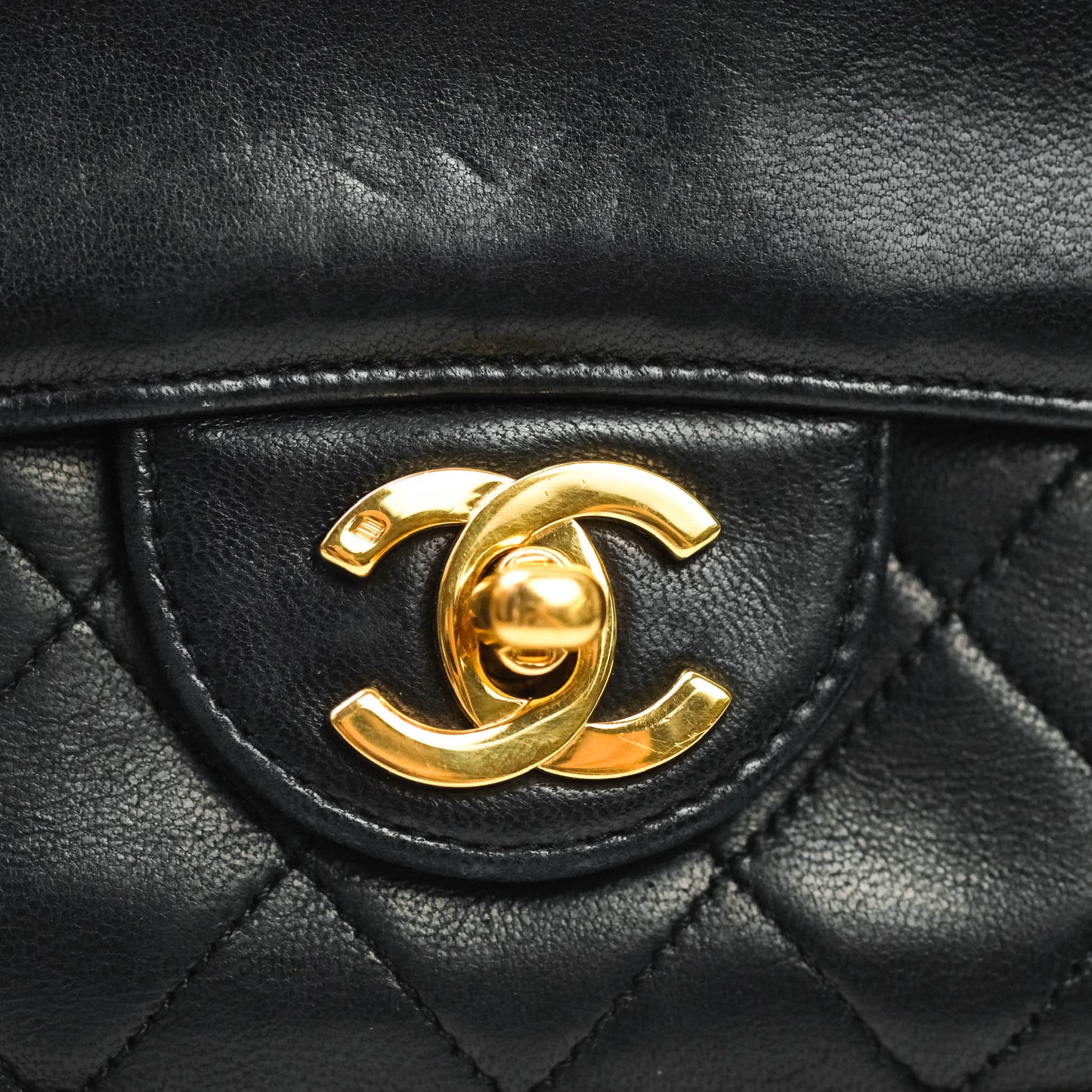 Chanel Vintage Flap Bag with Purse Pouch Black Lambskin 24K Gold Hardware