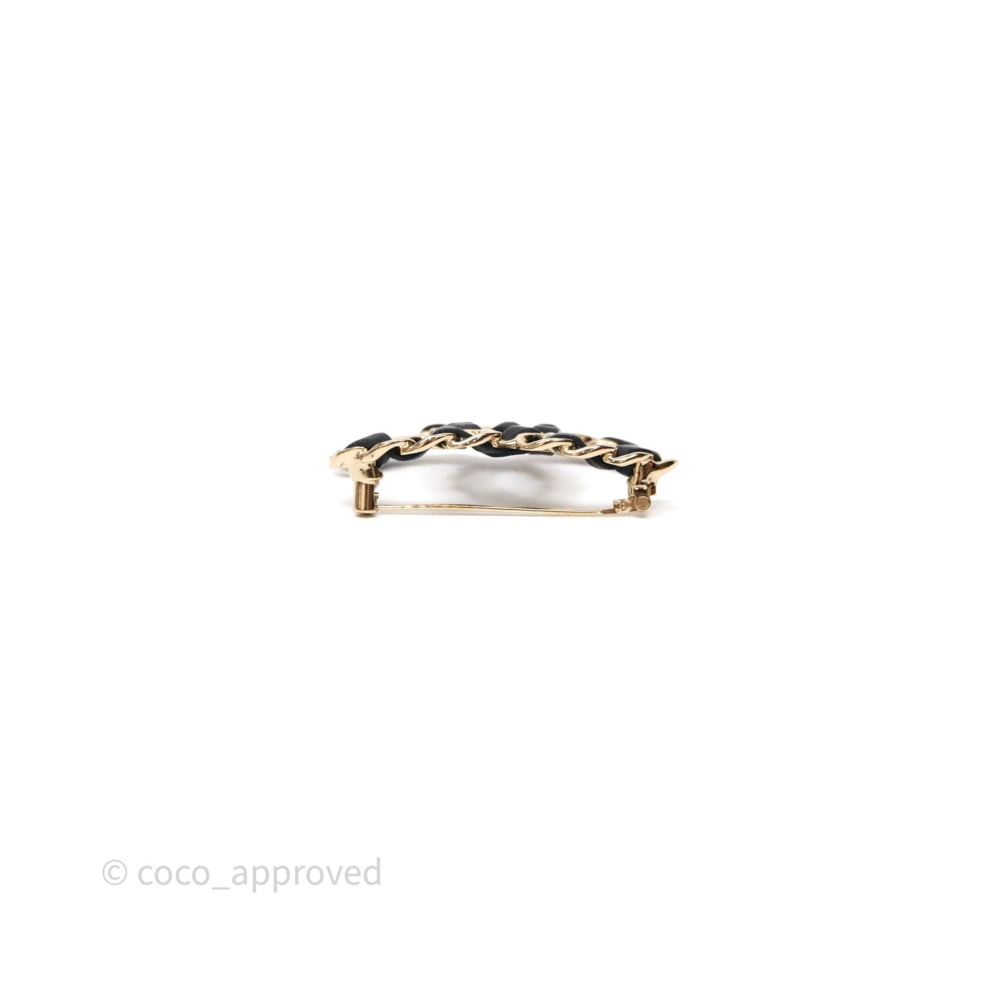Chanel CC Braided Black Leather Brooch Gold Tone 22V
