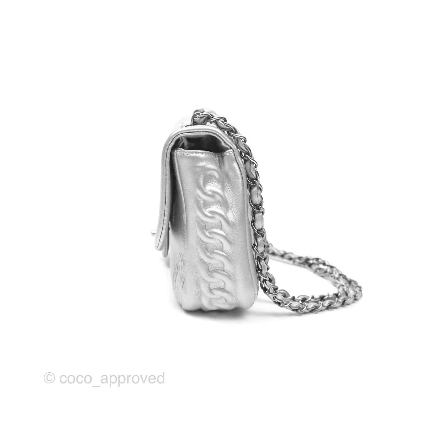 Chanel Medium Single Flap Embossed Metallic Silver Lambskin Ruthenium Hardware