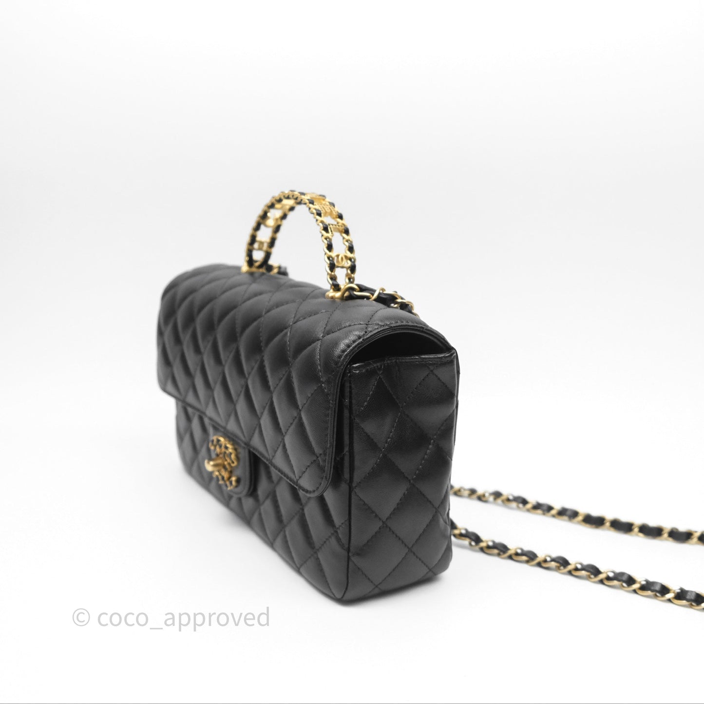 Chanel Logo Top Handle Small Flap Bag Black Lambskin Gold Hardware 24C