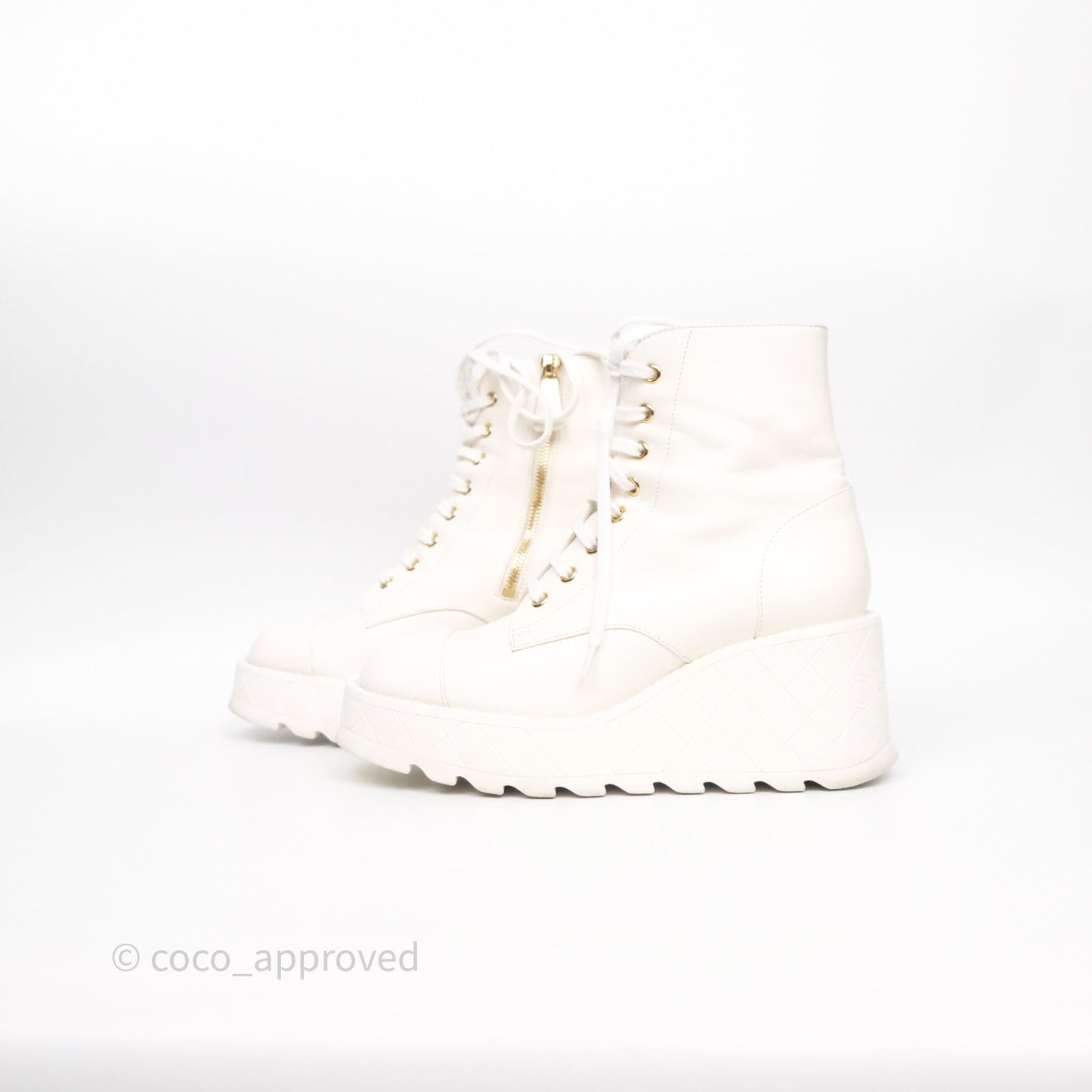 Chanel Logo Wedge Combat Boots White Size 38.5
