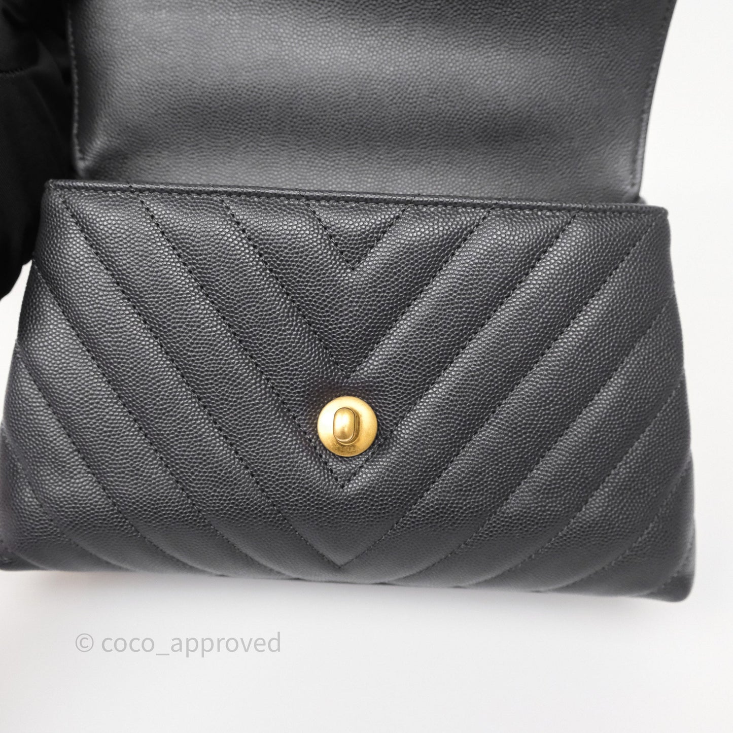 Chanel Small Coco Handle Chevron Dark Grey Caviar Aged Gold Hardware