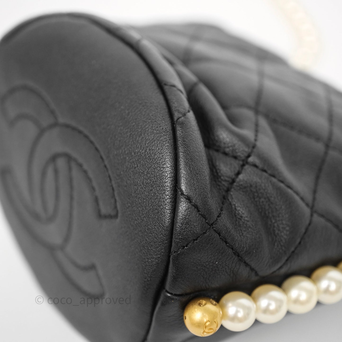 Chanel Quilted Pearl Mini About Pearls Drawstring Bucket Bag Black Calfskin