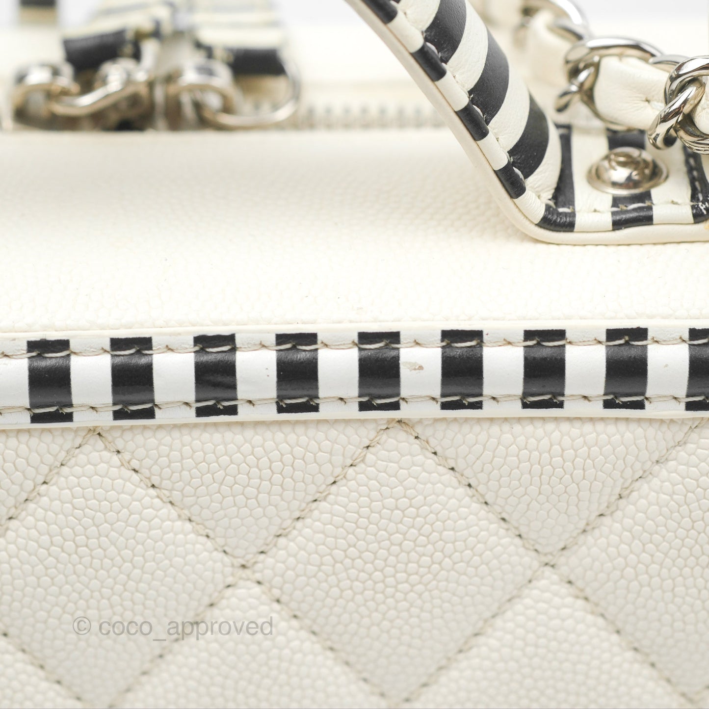 Chanel Quilted Medium CC Filigree Vanity Case White Black Stripe Caviar Silver Hardware