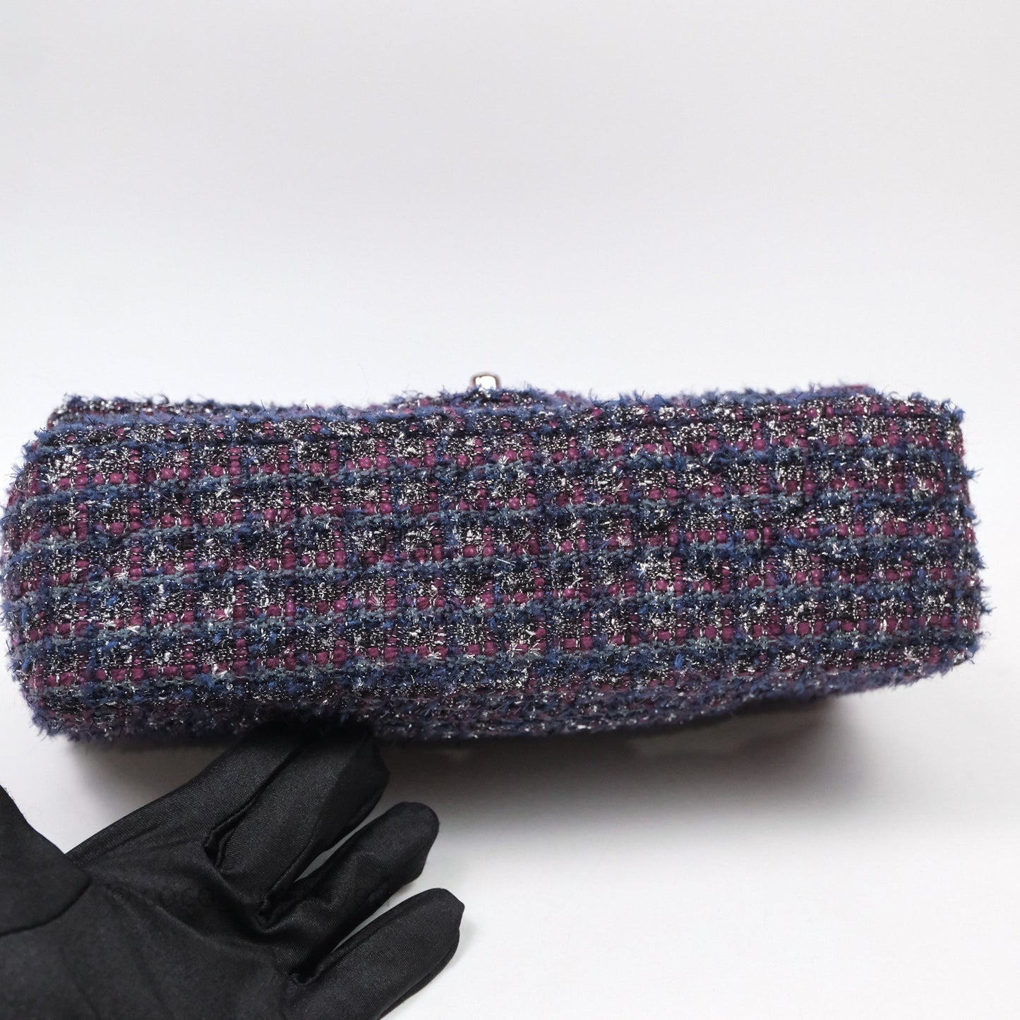 Chanel Classic M/L Medium Double Flap Purple Tweed Glitter Gun Metal