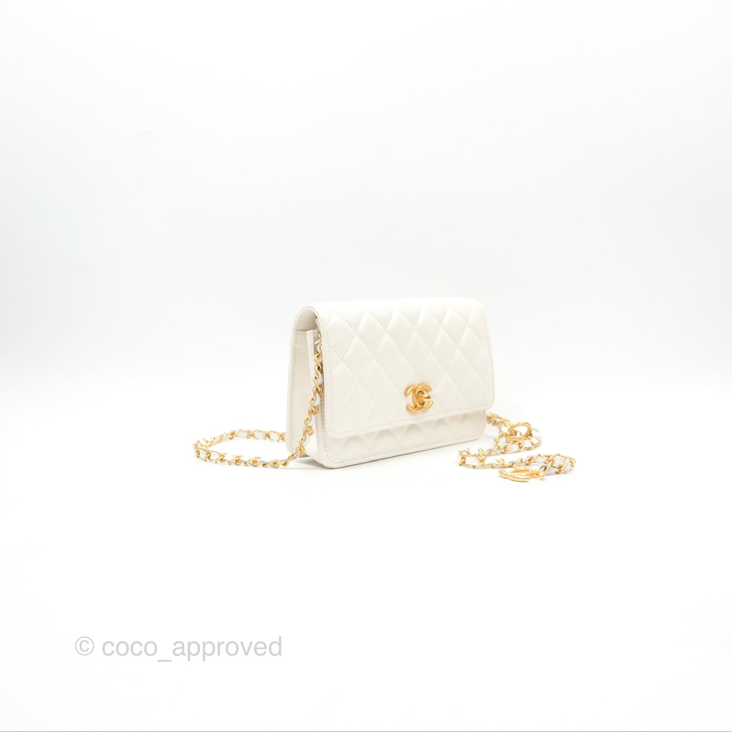 Chanel Wallet On Chain WOC Adjustable CC Chain Iridescent White Caviar Aged Gold Hardware
