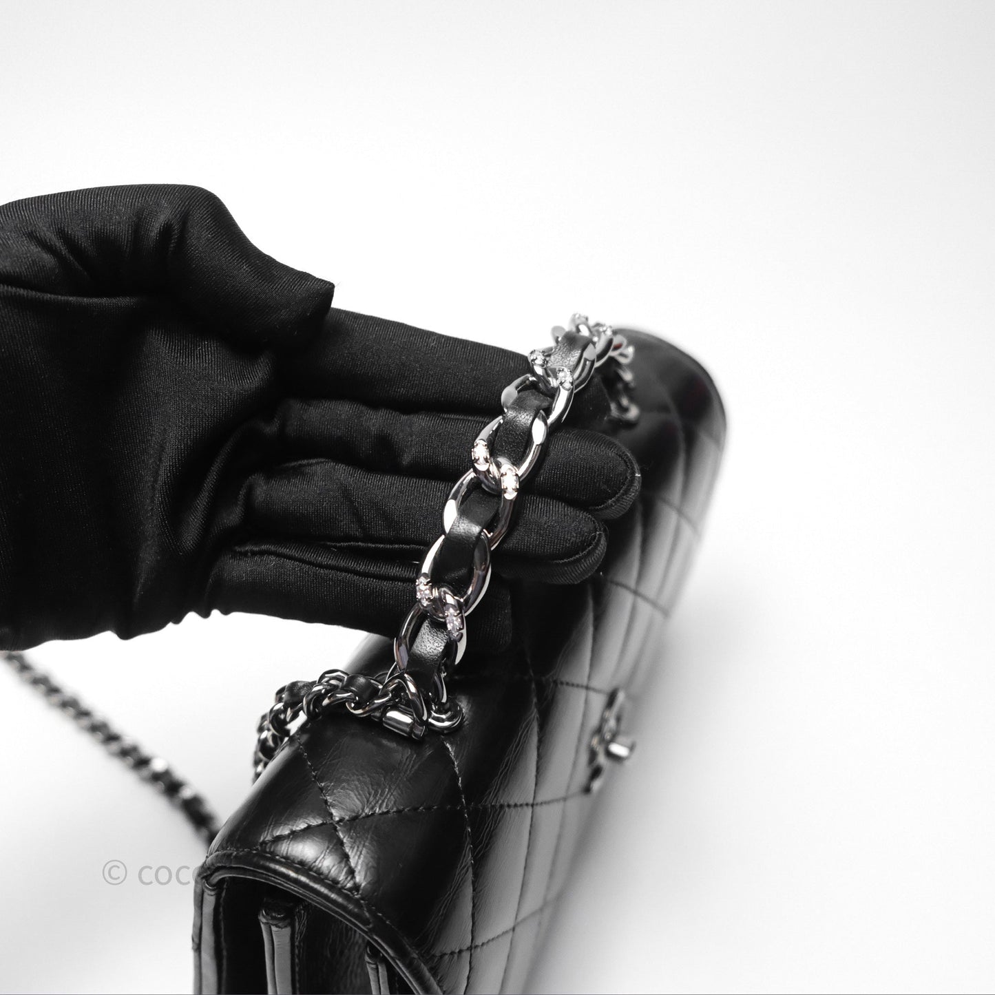 Chanel Mini Crystal Top Handle Wallet On Chain WOC Black Calfskin Gun Metal Hardware 23K