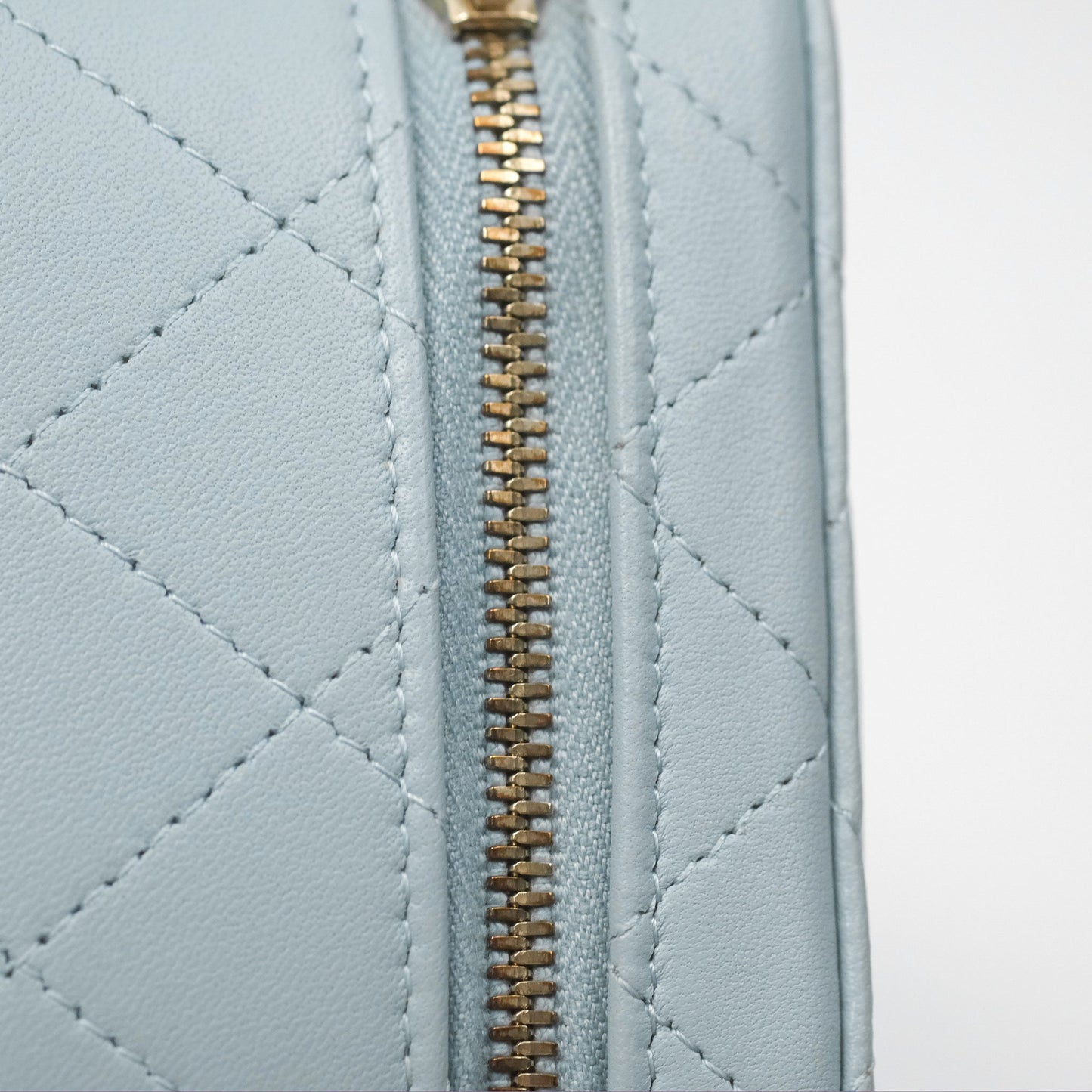 Chanel Mini Quilted Vanity Camera Case Light Blue Lambskin Gold Hardware
