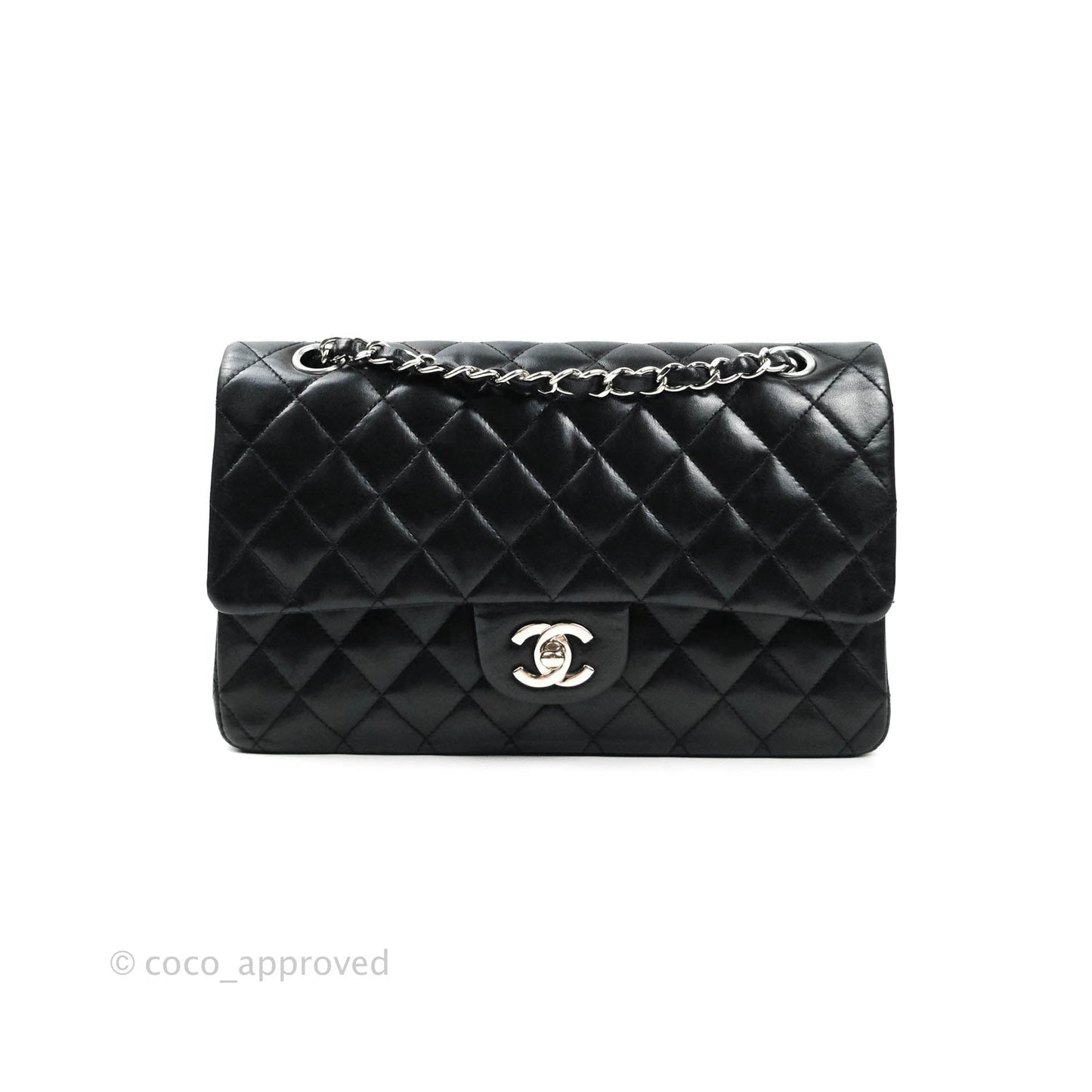 Chanel Classic M/L Medium Double Flap Bag Black Lambskin Silver Hardware
