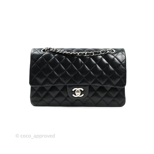 Chanel Classic M/L Medium Double Flap Bag Black Lambskin Silver Hardware