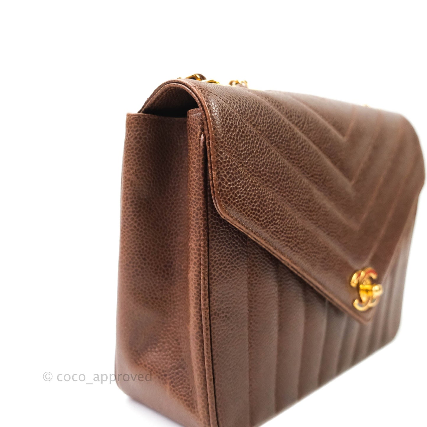 Chanel Vintage Caviar Chevron Flap Bag 24K Brown Gold Hardware