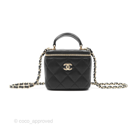 Chanel Mini Top Handle Vanity With Chain Black Lambskin Gold Hardware