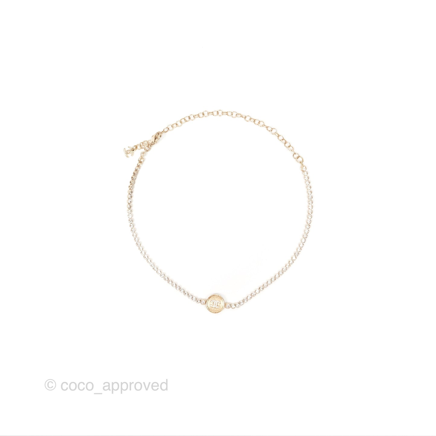 Chanel CC Crystal Chain Choker Necklace Gold Tone 21S