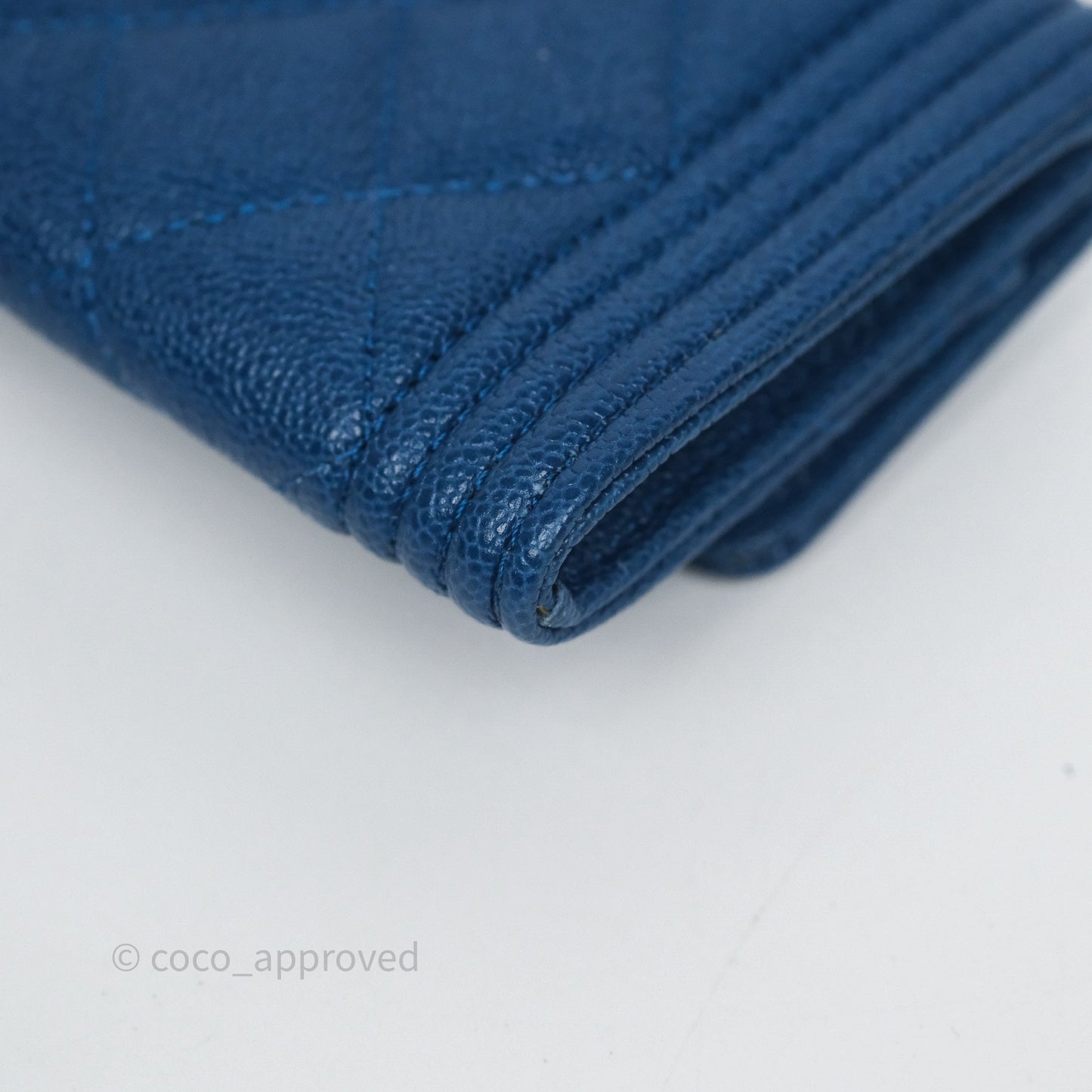 Chanel Quilted Boy Flap Card Holder Blue Caviar Silver Hardware