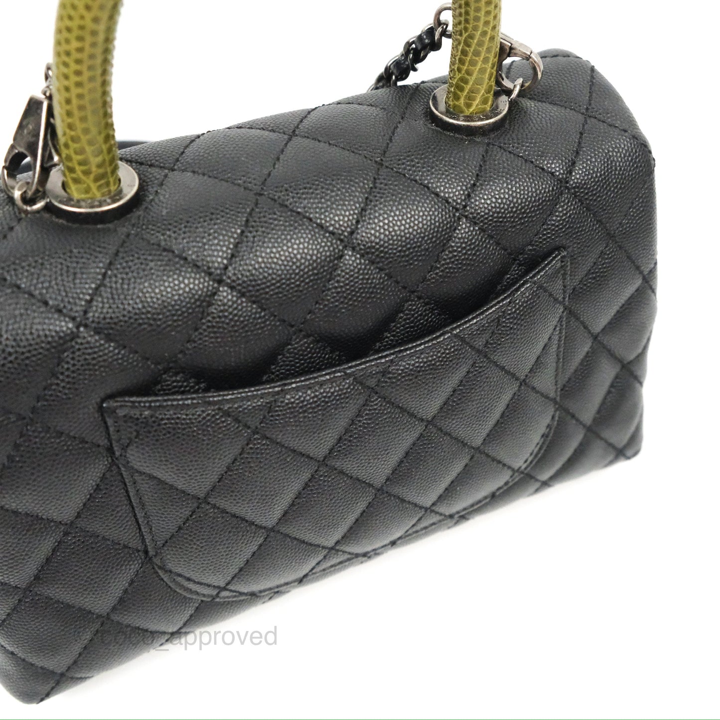 Chanel Small Coco Handle Quilted Black Caviar Ruthenium Hardware Olive Lizard Handle