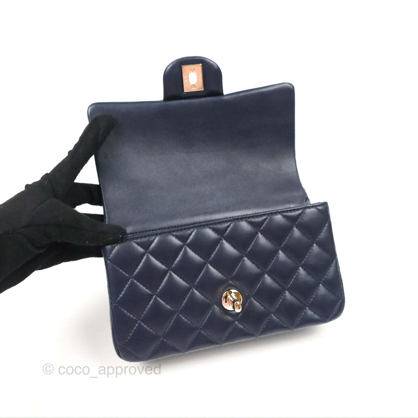 Chanel Top Handle Mini Rectangular Flap Bag Navy Lambskin Gold Hardware