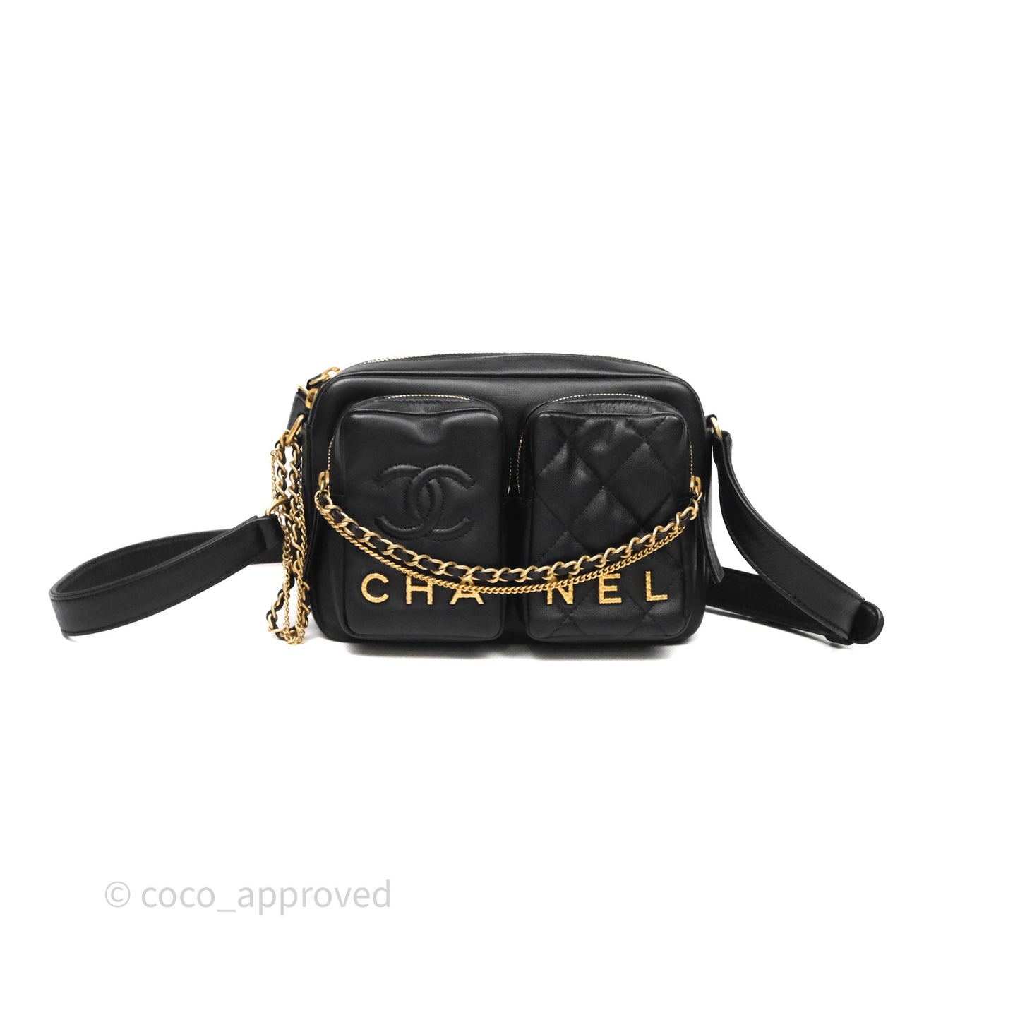 Chanel Small Camera Case Quilted Black Calfskin Aged Gold Hardware 22C