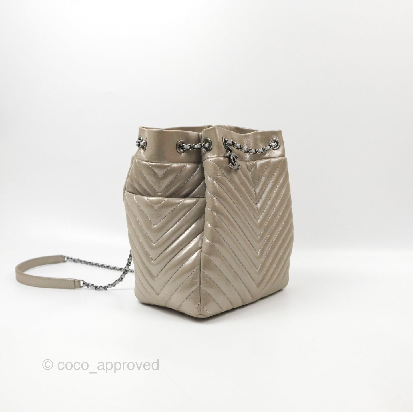 Chanel Small Urban Spirit Drawstring Bag Chevron Iridescent Silver Calfskin
