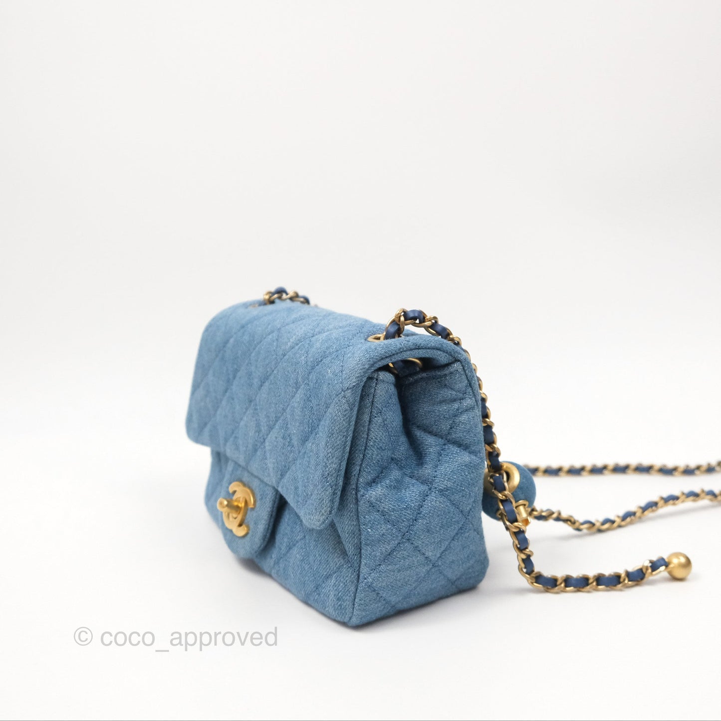 Chanel Mini Square Pearl Crush Quilted Denim Aged Gold Hardware