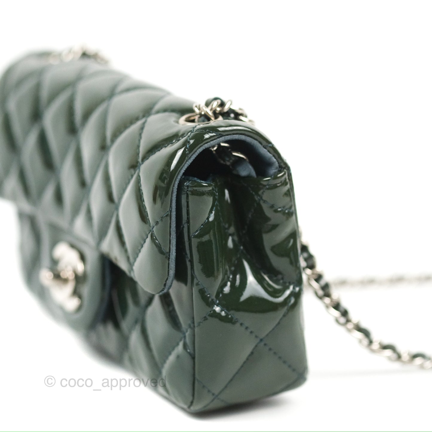 Chanel Quilted Extra Mini Rectangular Flap Teal Patent Silver Hardware