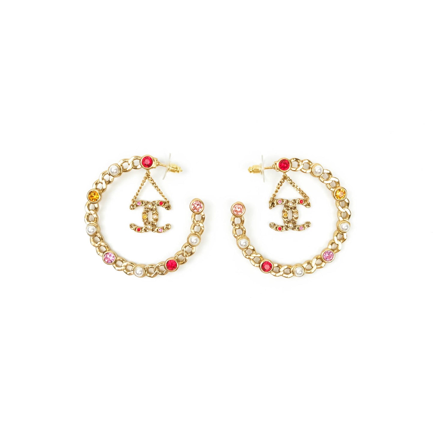 Chanel CC Pearl Rhinestone Hoop Earrings Gold Tone 21P