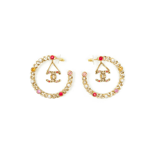Chanel CC Pearl Rhinestone Hoop Earrings Gold Tone 21P
