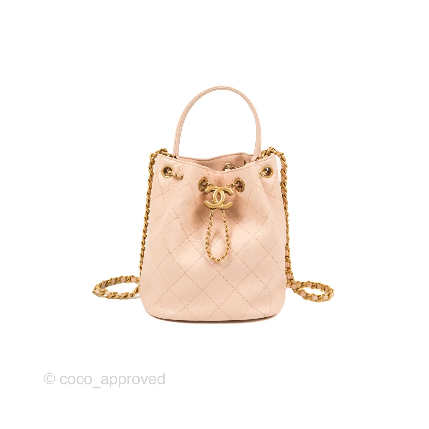 Chanel Quilted Top Handle Drawstring Bucket Bag Pink Caviar Aged Gold Hardware