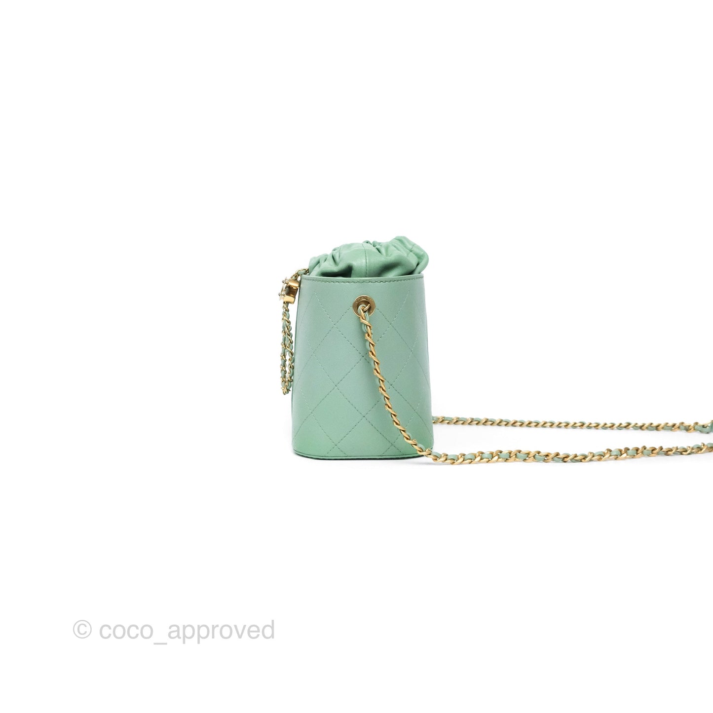 Chanel Drawstring Bucket Bag Quilted Green Caviar Aged Gold Hardware