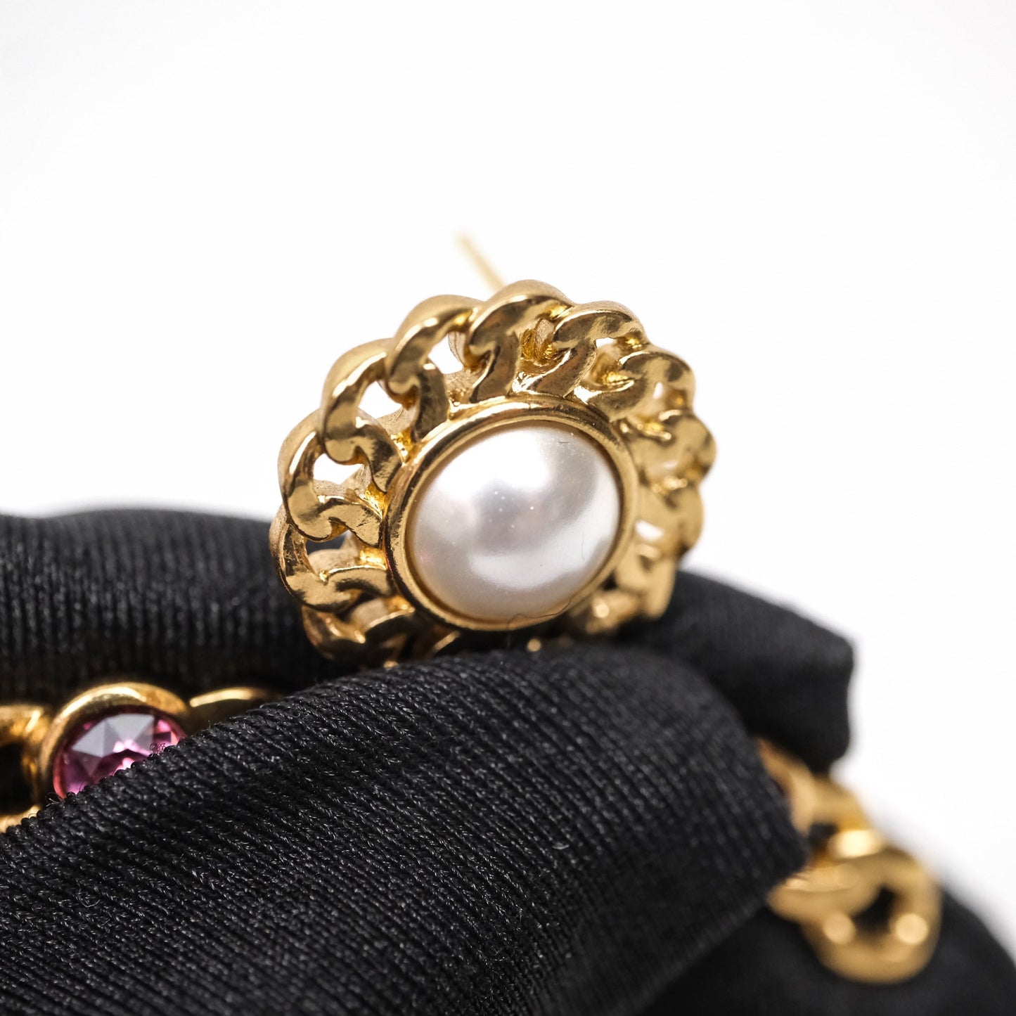 Chanel CC Drop Pearl Crystal Earrings Gold Tone 21P