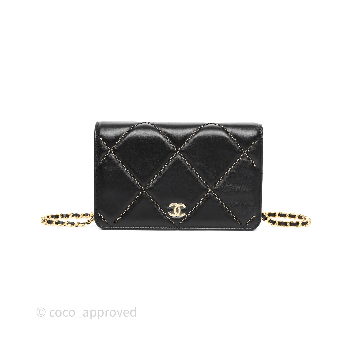 Chanel Quilted Wallet on Chain WOC Stitching Black Calfskin Gold Hardware