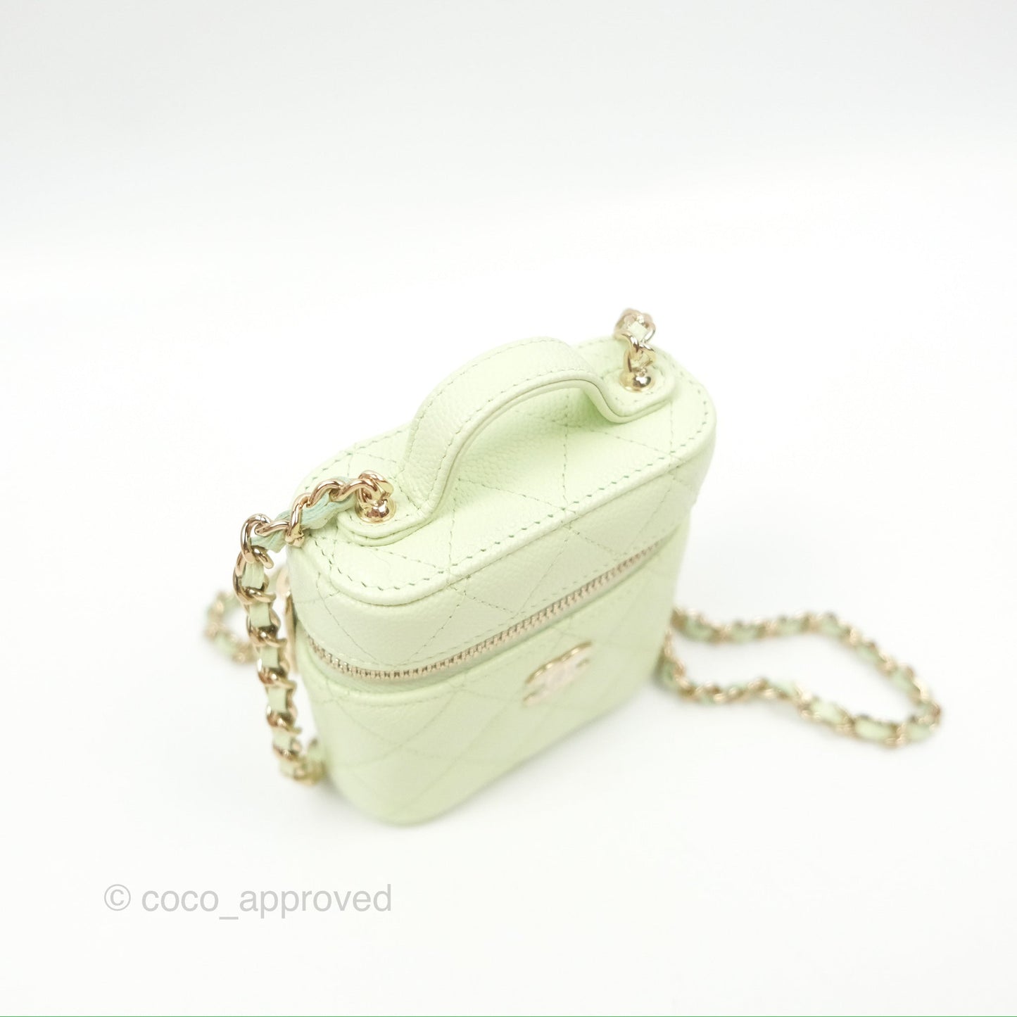Chanel Quilted Small Handle With Care Vanity Case With Chain Green Caviar Gold Hardware