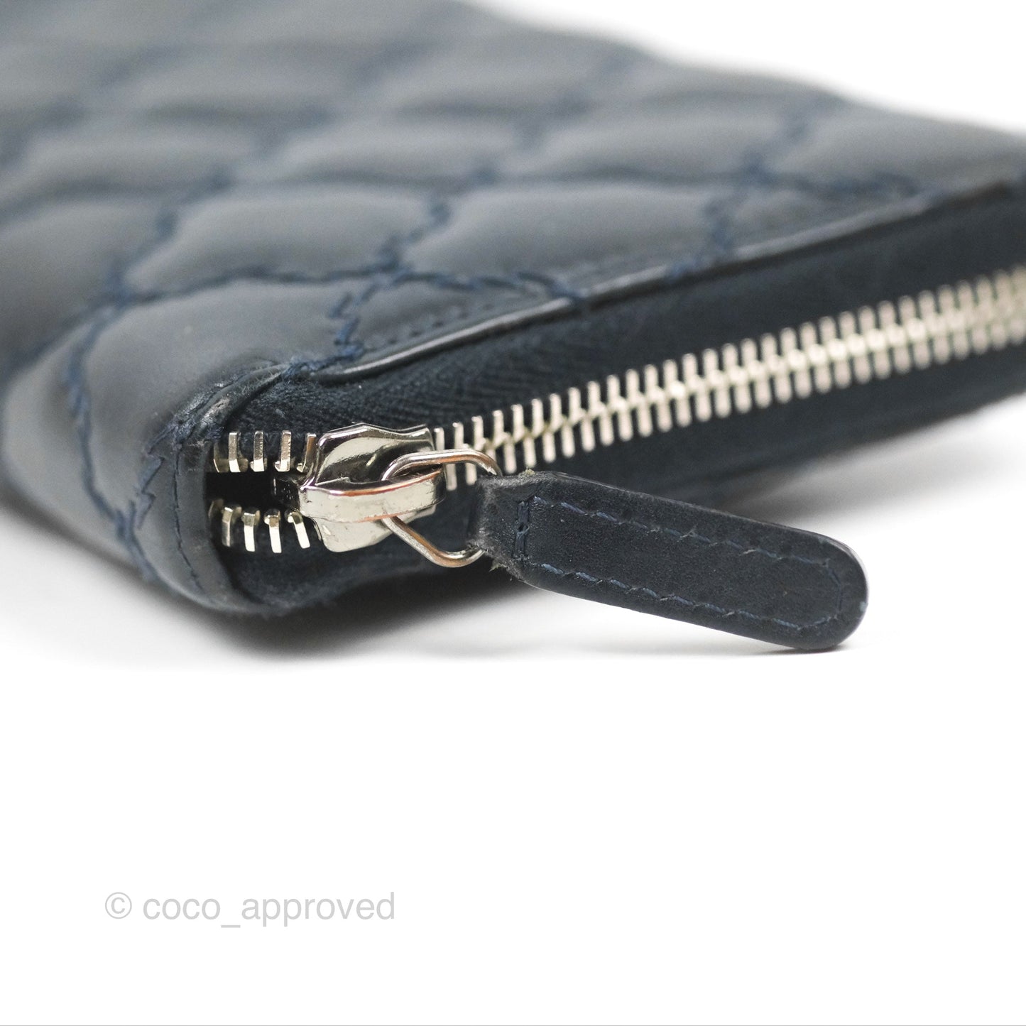 Chanel Quilted Zip Long Wallet Navy Lambskin Silver Hardware