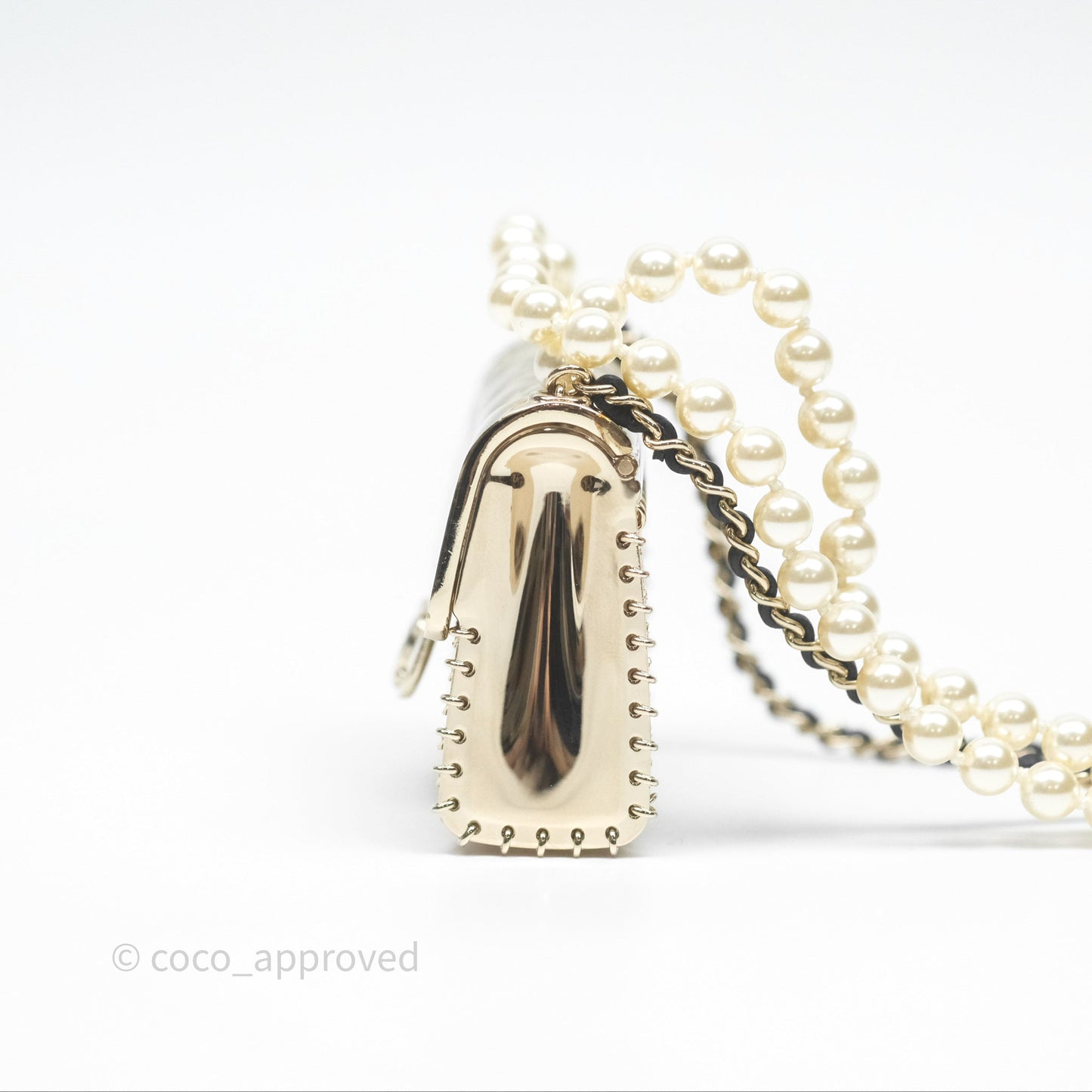 Chanel Flap Bag Charm Pearl Chain Black Leather Long Necklace Gold Tone 21S