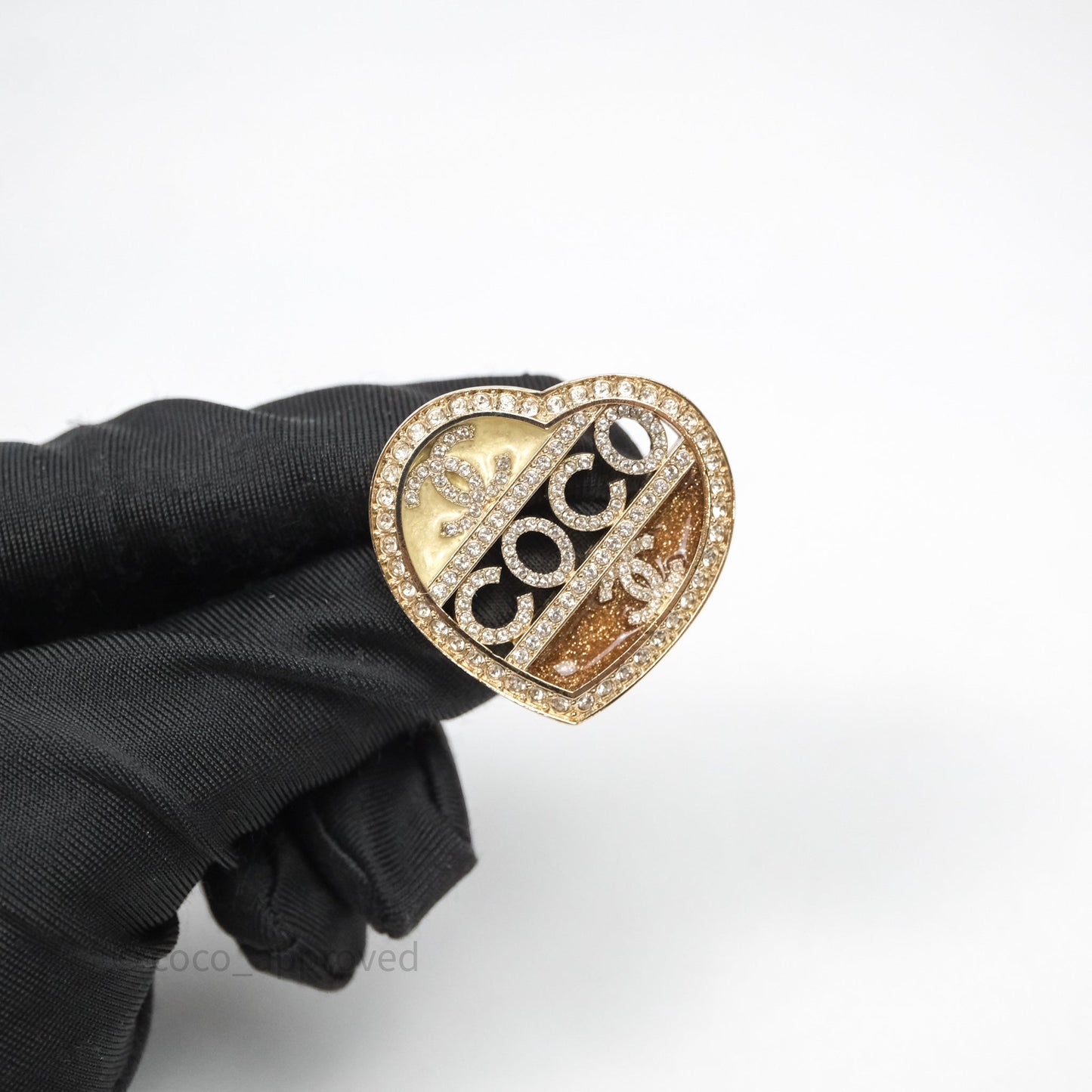 Chanel Coco Logo Crystals Heart Brooch Gold Tone 23B