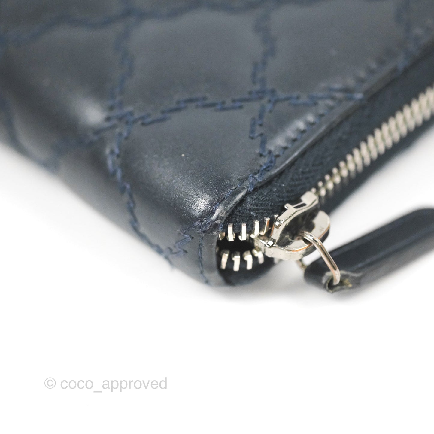 Chanel Quilted Zip Long Wallet Navy Lambskin Silver Hardware