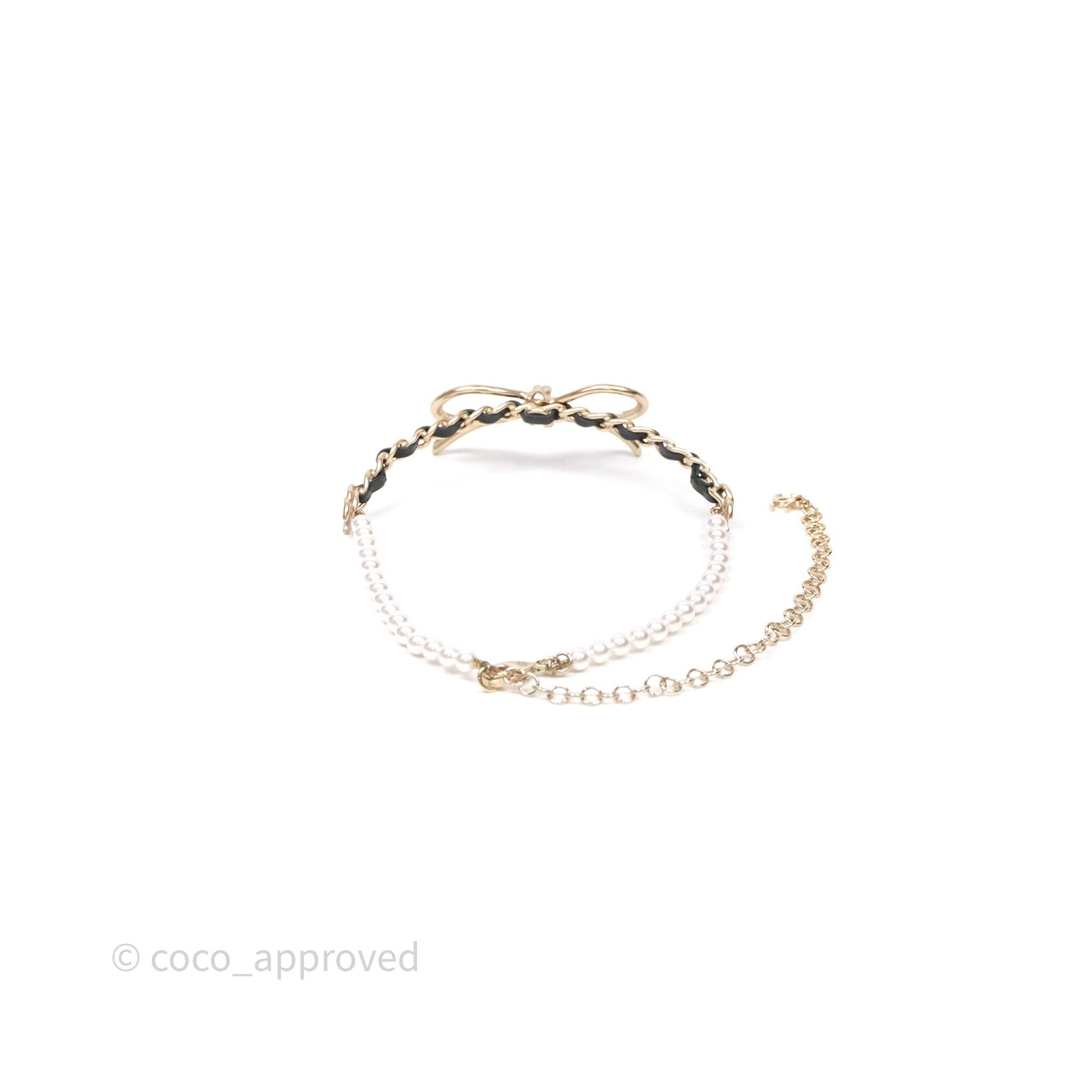 Chanel Ribbon Black Leather Pearl Chain Choker Gold Tone 22S