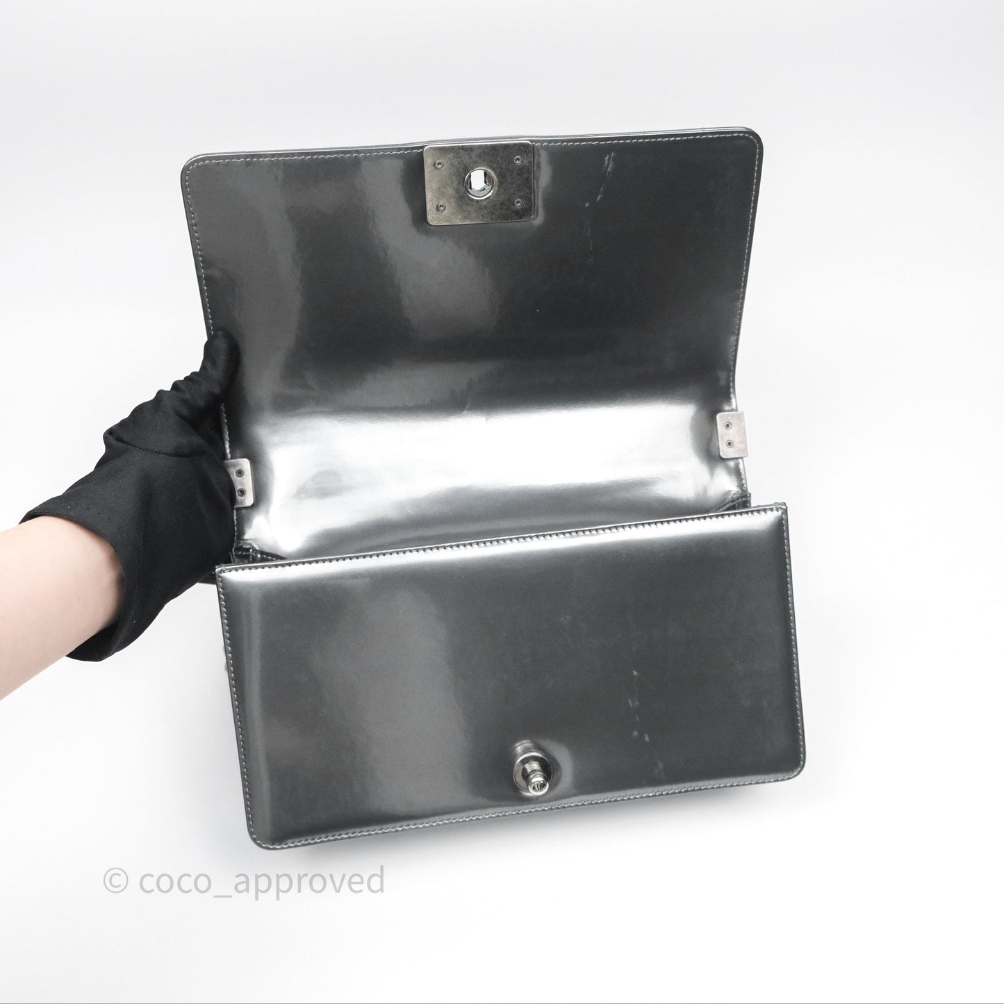 Chanel Medium Boy Metallic Dark Grey Iridescent Glazed Calfskin Ruthenium Hardware
