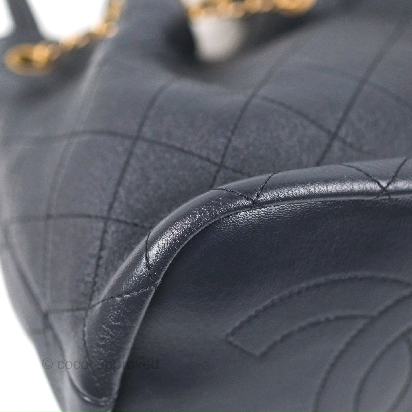 Chanel Quilted Top Handle Drawstring Bucket Bag Iridescent Navy Calfskin Aged Gold Hardware