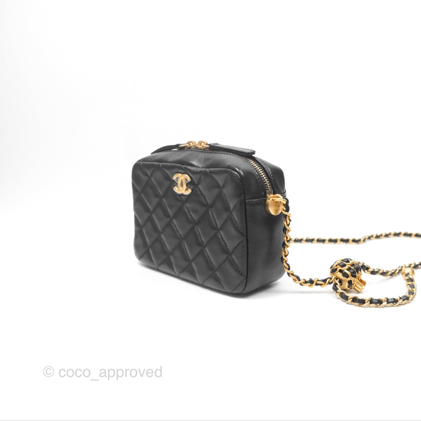 Chanel Quilted CC Pearl Crush Camera Case Black Lambskin Gold Hardware