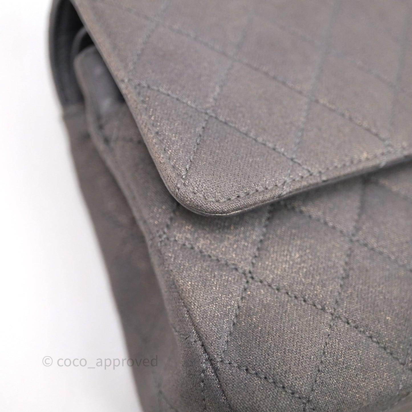 Chanel Classic M/L Medium Flap Quilted Iridescent Metallic Grey Canvas Silver Hardware