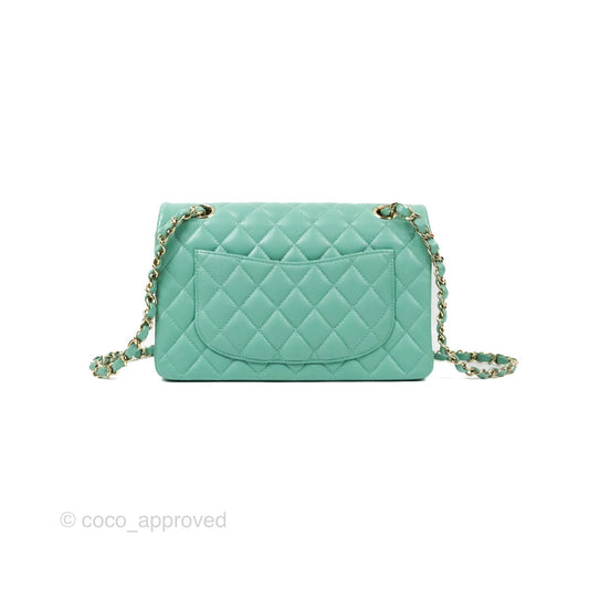 Chanel Small Classic Quilted Flap Tiffany Green Caviar Gold Hardware